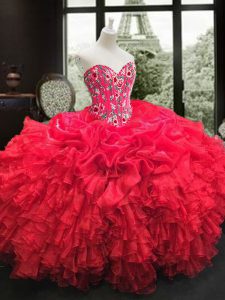 On Sale Red Organza Lace Up Sweetheart Sleeveless Floor Length Quinceanera Dresses Embroidery and Ruffles