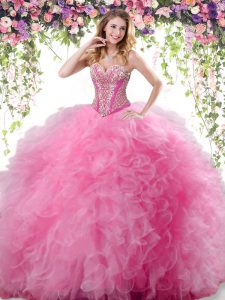 Sweetheart Sleeveless Lace Up Quinceanera Dresses Rose Pink Tulle