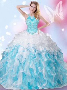 Customized Halter Top Floor Length Lace Up Sweet 16 Dress Blue And White for Military Ball and Sweet 16 and Quinceanera 