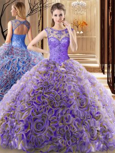 Multi-color Ball Gowns Scoop Sleeveless Fabric With Rolling Flowers Brush Train Lace Up Beading Quinceanera Dresses