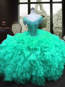 Graceful Turquoise Organza Lace Up Quince Ball Gowns Cap Sleeves Floor Length Beading and Ruffles