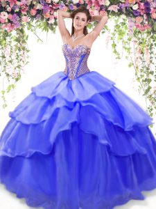 Luxurious Organza Sweetheart Sleeveless Lace Up Beading and Ruffled Layers Ball Gown Prom Dress in Blue