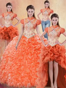 Great Four Piece Orange Red Ball Gowns Organza Straps Sleeveless Beading and Ruffles With Train Lace Up Ball Gown Prom D