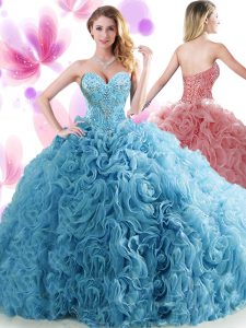 Clearance Sweetheart Sleeveless Quinceanera Gowns Brush Train Beading and Ruffles Blue Organza