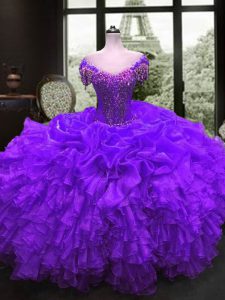 Glamorous Purple Cap Sleeves Floor Length Beading and Ruffles Lace Up Quinceanera Gowns