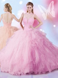 Sleeveless Lace Up 15 Quinceanera Dress Rose Pink Tulle