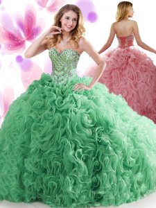 High Quality Turquoise Quinceanera Gown Organza and Fabric With Rolling Flowers Sweep Train Sleeveless Beading and Ruffl