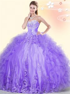 Floor Length Lavender Quinceanera Gowns Tulle Sleeveless Beading and Appliques and Ruffles