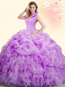 On Sale Lilac Organza Backless High-neck Sleeveless Floor Length Quinceanera Dress Beading and Appliques and Pick Ups