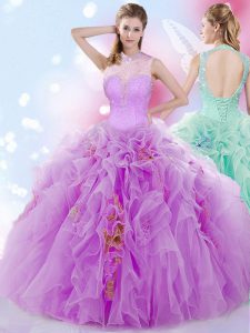 Halter Top Lilac Sleeveless Floor Length Beading and Ruffles Lace Up Sweet 16 Dress