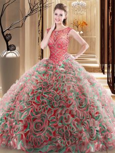 Noble Multi-color Scoop Lace Up Beading 15th Birthday Dress Brush Train Sleeveless