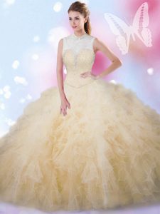 Fitting Champagne Tulle Lace Up 15 Quinceanera Dress Sleeveless Floor Length Beading and Ruffles