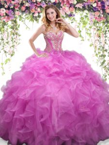 Low Price Lilac Ball Gowns Sweetheart Sleeveless Organza Floor Length Lace Up Beading and Ruffles 15 Quinceanera Dress