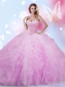 Floor Length Lace Up Quinceanera Gowns Lilac for Military Ball and Sweet 16 and Quinceanera with Beading and Ruffles