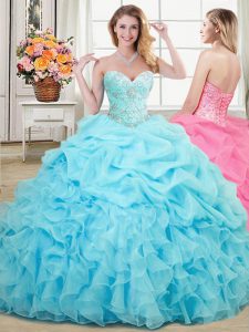 Custom Made Pick Ups Sweetheart Sleeveless Lace Up Ball Gown Prom Dress Aqua Blue Organza