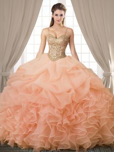 Sleeveless Organza Floor Length Lace Up Quinceanera Dresses in Peach with Beading and Ruffles and Pick Ups