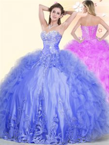 Admirable Blue Tulle Lace Up 15th Birthday Dress Sleeveless Floor Length Beading and Ruffles