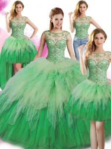 Elegant Four Piece Scoop Green Lace Up Vestidos de Quinceanera Beading and Ruffles Sleeveless Floor Length