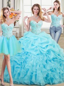 Custom Design Three Piece Organza Sweetheart Sleeveless Lace Up Beading and Ruffles and Pick Ups Quince Ball Gowns in Aq