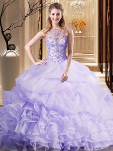 Latest Scoop Organza Sleeveless Vestidos de Quinceanera Brush Train and Beading and Ruffles and Pick Ups