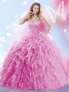 Rose Pink Sweet 16 Quinceanera Dress Tulle Brush Train Sleeveless Beading and Ruffles