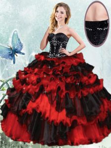 Modest Red And Black Lace Up Quinceanera Dress Beading and Ruffled Layers Sleeveless Floor Length