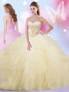 Light Yellow Ball Gowns Sweetheart Sleeveless Tulle Floor Length Lace Up Beading and Ruffles Quinceanera Gown