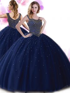 Elegant Scoop Sleeveless Floor Length Beading Zipper 15 Quinceanera Dress with Navy Blue
