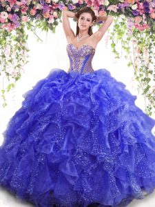 Fitting Blue Sweetheart Lace Up Beading and Ruffles Quince Ball Gowns Sleeveless