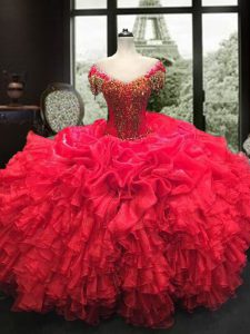Cap Sleeves Floor Length Lace Up Ball Gown Prom Dress Red for Military Ball and Sweet 16 and Quinceanera with Beading an