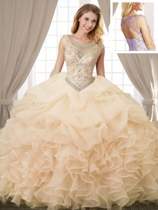 Custom Designed Scoop Sleeveless Organza Floor Length Lace Up Sweet 16 Dress in Champagne with Beading and Ruffles and P