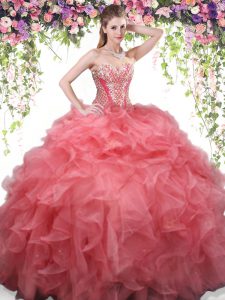 Superior Coral Red Sweetheart Neckline Beading and Ruffles Sweet 16 Dresses Sleeveless Lace Up