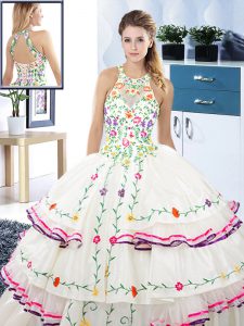 White Quinceanera Gowns Military Ball and Sweet 16 and Quinceanera and For with Embroidery and Ruffled Layers Halter Top