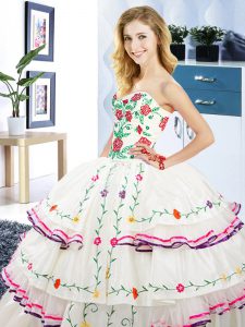 Sleeveless Floor Length Embroidery and Ruffled Layers Lace Up 15th Birthday Dress with White