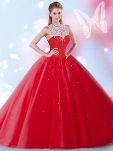 Spectacular Sequins Ball Gowns Vestidos de Quinceanera Red High-neck Tulle Sleeveless Floor Length Zipper