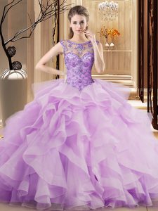 Low Price Lilac Ball Gowns Tulle Scoop Sleeveless Beading and Ruffles Lace Up Quinceanera Gown Brush Train