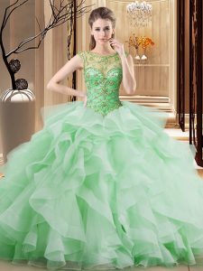 Apple Green Quinceanera Gown Scoop Sleeveless Brush Train Lace Up
