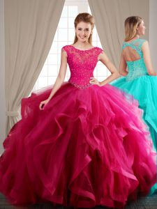 Scoop Hot Pink Tulle Lace Up 15th Birthday Dress Cap Sleeves With Brush Train Beading and Appliques and Ruffles