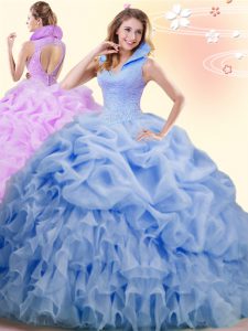 Decent Sleeveless Organza Brush Train Backless Quince Ball Gowns in Blue with Beading and Ruffles and Pick Ups