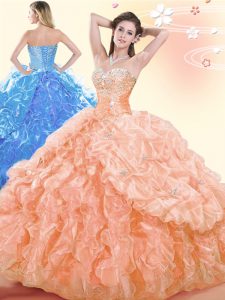 Orange Organza Lace Up Quinceanera Gown Sleeveless Floor Length Beading and Ruffles and Pick Ups