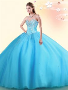Beautiful Sleeveless Floor Length Beading Lace Up Vestidos de Quinceanera with Baby Blue