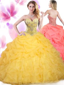 Ruffled Gold Sleeveless Tulle Lace Up 15th Birthday Dress for Military Ball and Sweet 16 and Quinceanera