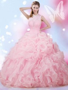 Baby Pink Organza Lace Up High-neck Sleeveless Floor Length 15 Quinceanera Dress Beading and Ruffles and Pick Ups