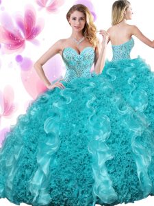Edgy Beading and Ruffles Quinceanera Dresses Teal Lace Up Sleeveless Floor Length
