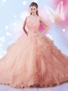 Dramatic Peach Lace Up Quince Ball Gowns Beading and Ruffles Sleeveless Floor Length
