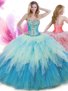 High Class Multi-color Ball Gowns Sweetheart Sleeveless Tulle Floor Length Lace Up Beading and Ruffles 15th Birthday Dre