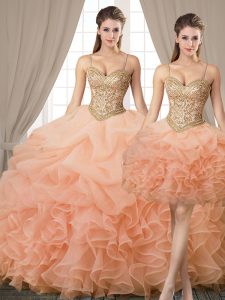 Three Piece Sleeveless Lace Up Floor Length Beading and Ruffles and Pick Ups Sweet 16 Dresses
