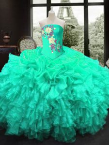 Floor Length Turquoise Sweet 16 Quinceanera Dress Strapless Sleeveless Lace Up