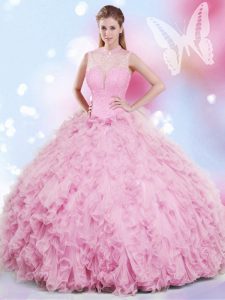 Elegant Halter Top Tulle Sleeveless Floor Length 15 Quinceanera Dress and Beading and Ruffles