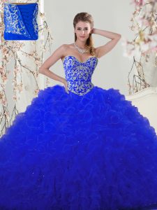 Floor Length Royal Blue 15 Quinceanera Dress Tulle Sleeveless Beading and Appliques